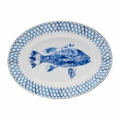 Fish Camp 12 in. x 16 in. Enamelware Oval Platter by Golden Rabbit