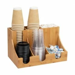 Bali Collection, 6-Compartment Cup, Lid and Condiment Organizers, Breakroom, Countertop Organizer, Bamboo, Brown by Mind Reader