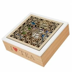 Brown Tea Box Storage Holder with Wood Floral Pattern by Mind Reader -Deals Mind Reader Store mind reader condiment servers teabox brn 1f 1000