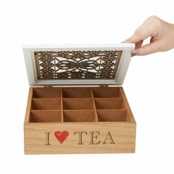 Brown Tea Box Storage Holder with Wood Floral Pattern by Mind Reader