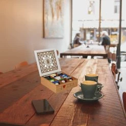 Brown Tea Box Storage Holder with Wood Floral Pattern by Mind Reader -Deals Mind Reader Store mind reader condiment servers teabox brn c3 1000